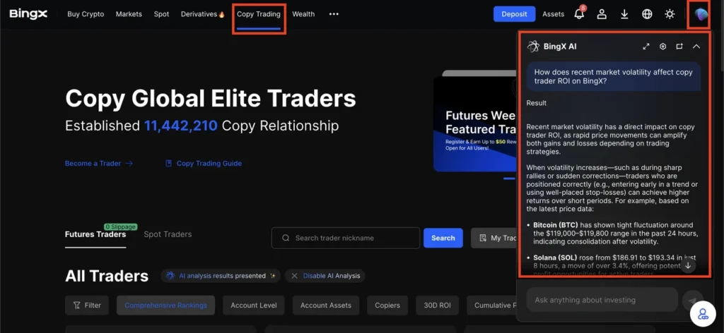 BingX platform interface featuring the BingX AI assistant providing real-time market volatility analysis for copy trading, including Bitcoin and Solana price data in 2026
