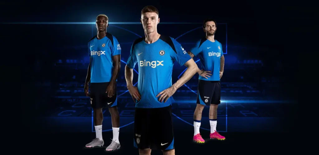BingX crypto exchange sponsorship with Chelsea players wearing BingX branded training kit showcasing global sports partnership in 2026