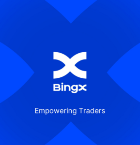 Official white BingX symbol and logo on a vibrant blue graphic background, featuring the brand's core mission statement and slogan: 'Empowering Traders' for the 2026 crypto market.
