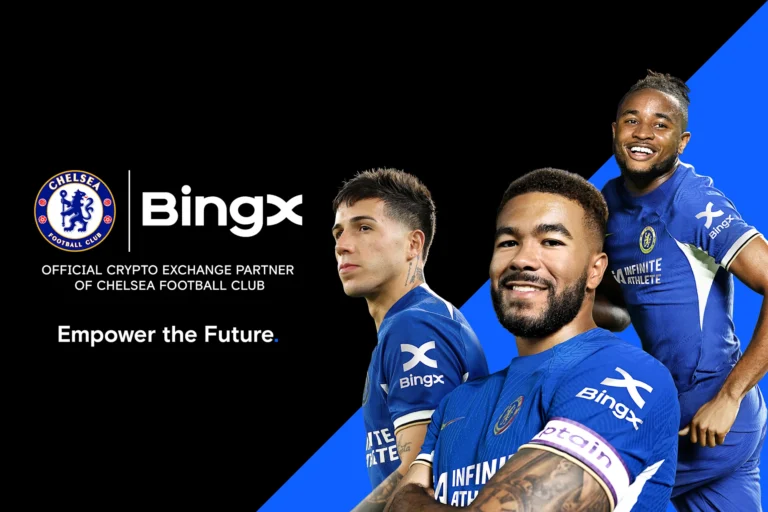 Promotional partnership image featuring Chelsea FC players in the official kit, displaying the BingX sponsor logo for the 2026 Premier League season.