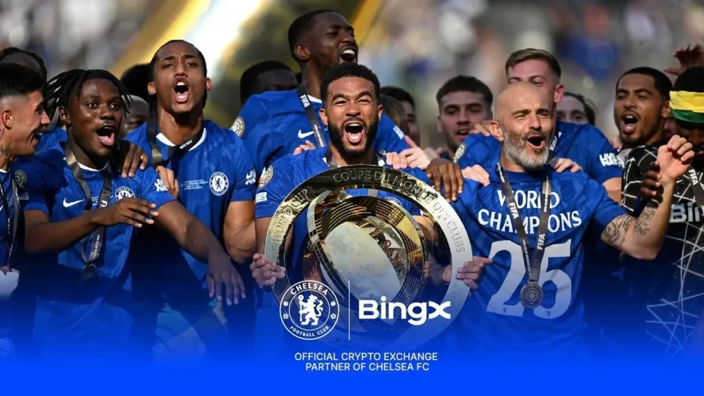 Chelsea FC players celebrating with a trophy, featuring the BingX logo and identifying BingX as the Official Crypto Exchange Partner of Chelsea FC for the 2026 season