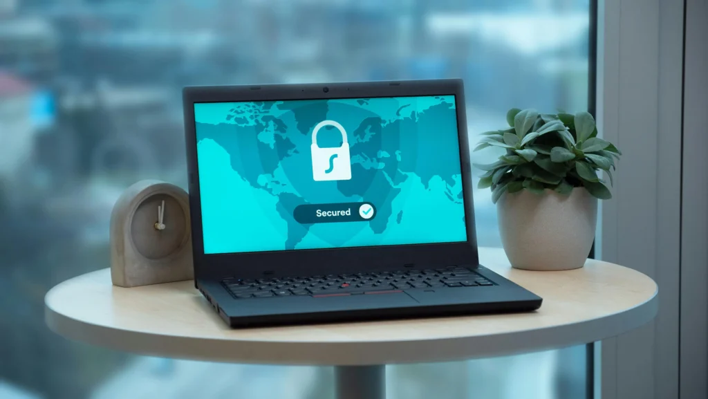 Secure crypto trading platform displayed on a laptop with encryption and global network protection indicating safe cryptocurrency transactions