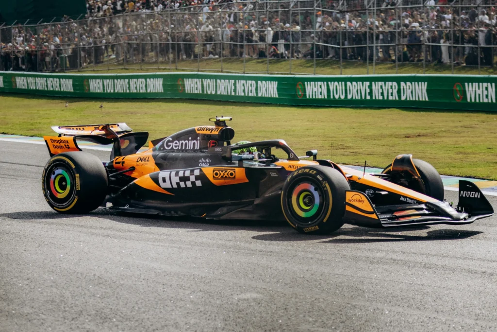 The McLaren F1 car featuring OKX cryptocurrency exchange branding on-track, highlighting major 2026 motorsport sponsorships and digital asset partnerships