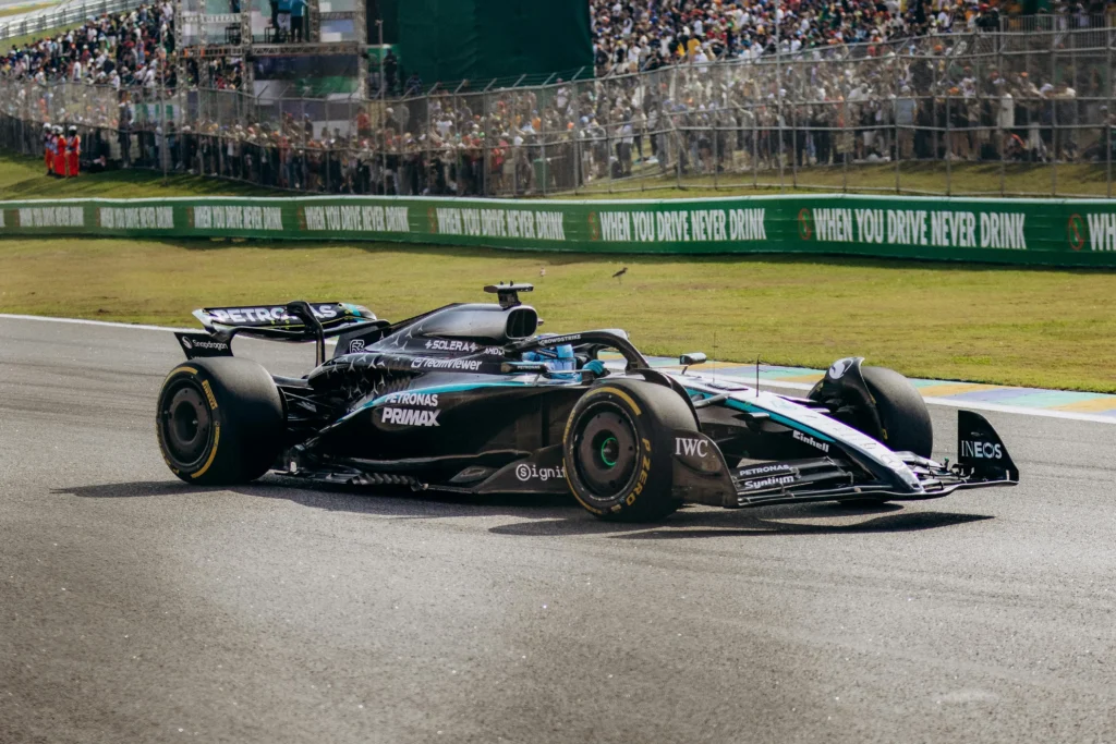 Mercedes-AMG F1 car on track in 2026 — the only team without a crypto exchange sponsor