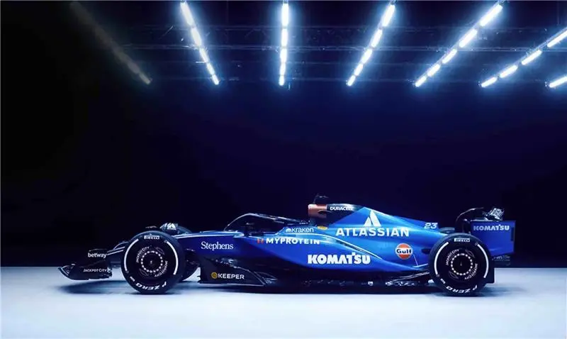 Side view of the Williams Racing Formula 1 car showcasing the Kraken cryptocurrency exchange sponsorship logo for the 2026 season.