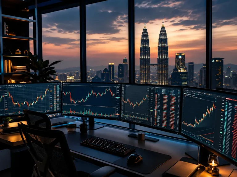 Modern trading desk with crypto futures charts overlooking Kuala Lumpur skyline at dusk