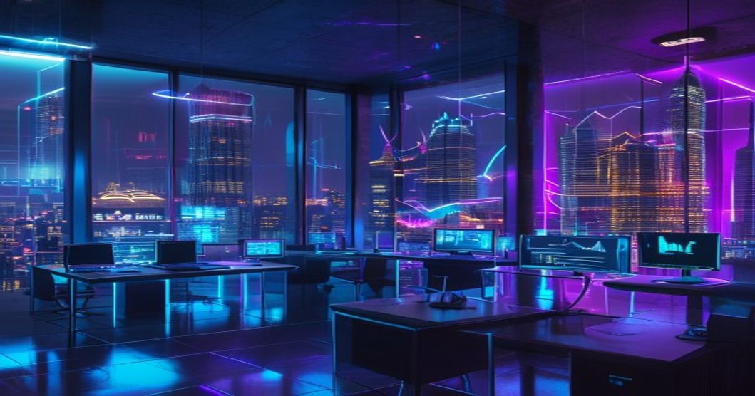 Futuristic fintech office in Malaysia with crypto trading data walls and city night view