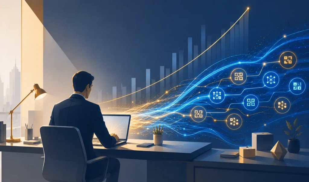 Small business owner using AI productivity tools, human and AI collaboration driving measurable business growth