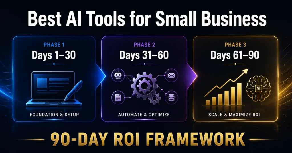 best AI tools for small business productivity framework， analytics dashboard showing 90-day ROI growth metrics