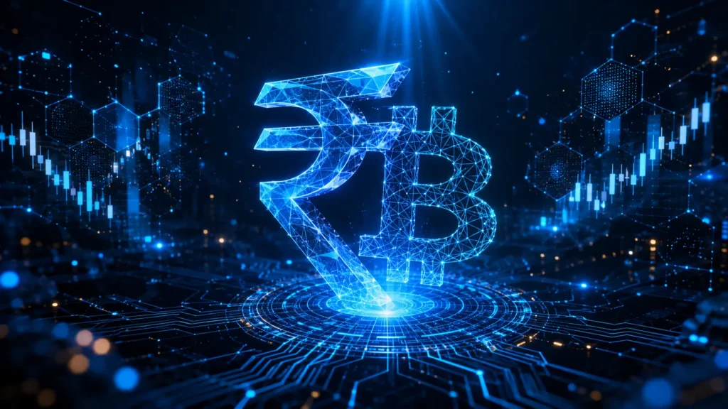 best crypto exchange india 2026, glowing holographic rupee and bitcoin geometric fusion on dark navy editorial cover