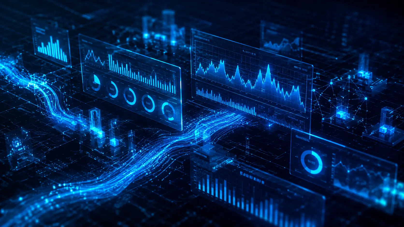 abstract cryptocurrency trading data visualization with glowing holographic dashboard panels and electric blue data streams on dark background 
