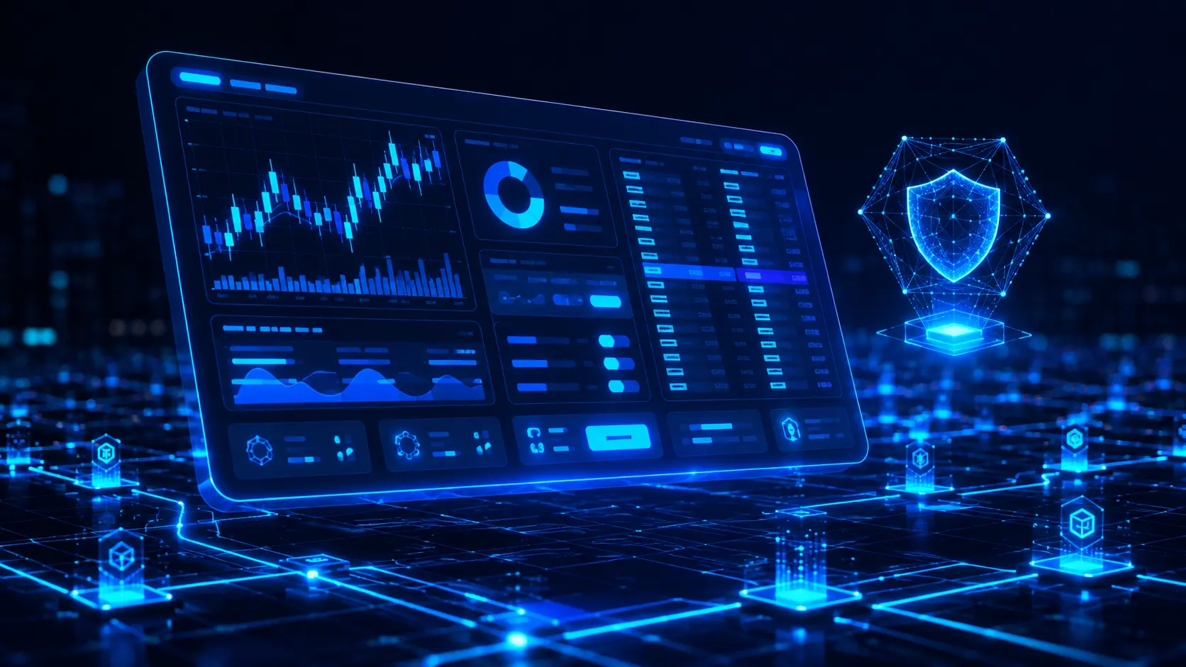 abstract crypto exchange platform interface concept with holographic glowing UI panels and electric blue node pathways on dark navy background